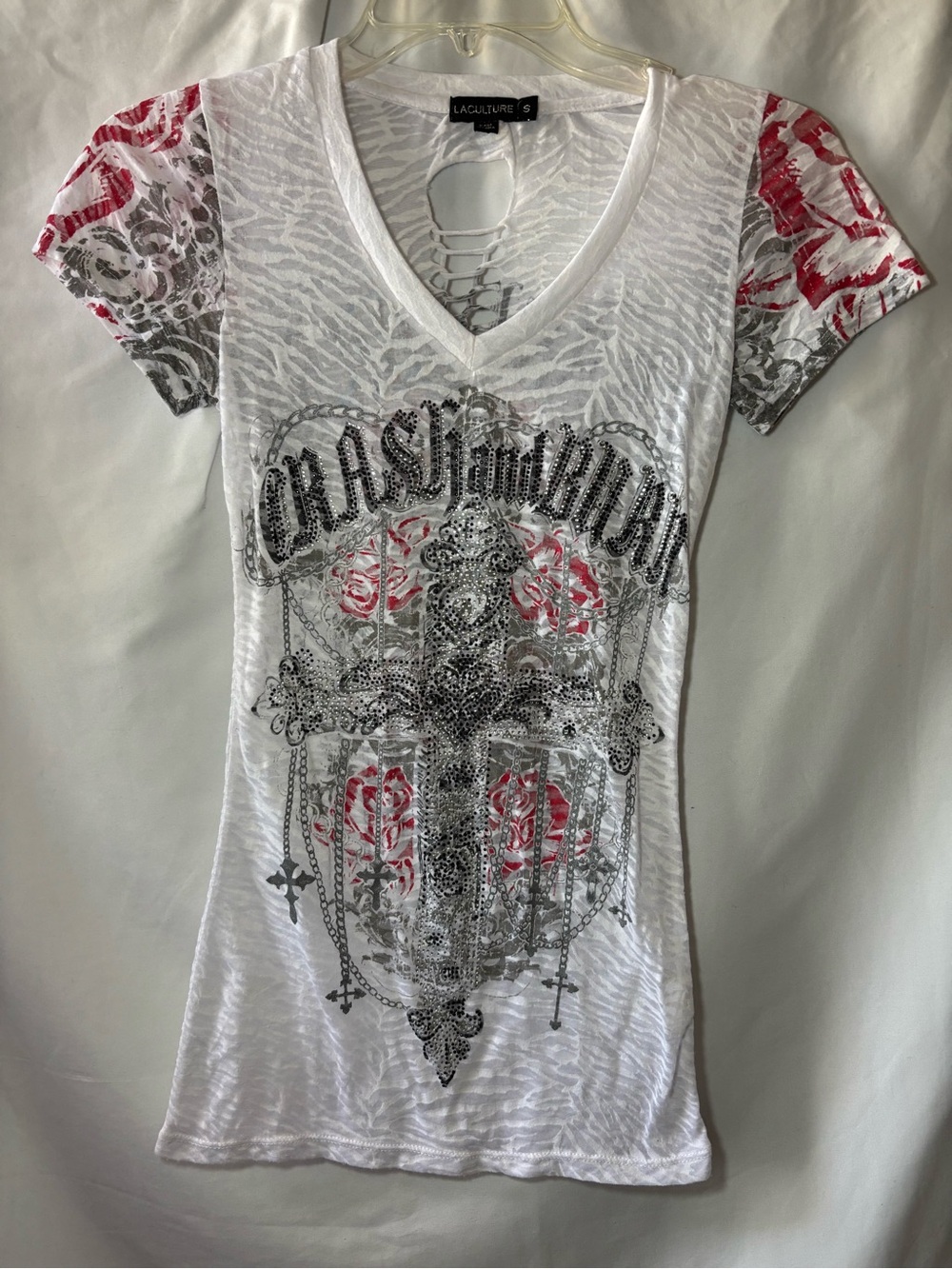 VTG La Culture Crash & Burn Cross Rhinestone Burnout Lace Up Back Tee, Small